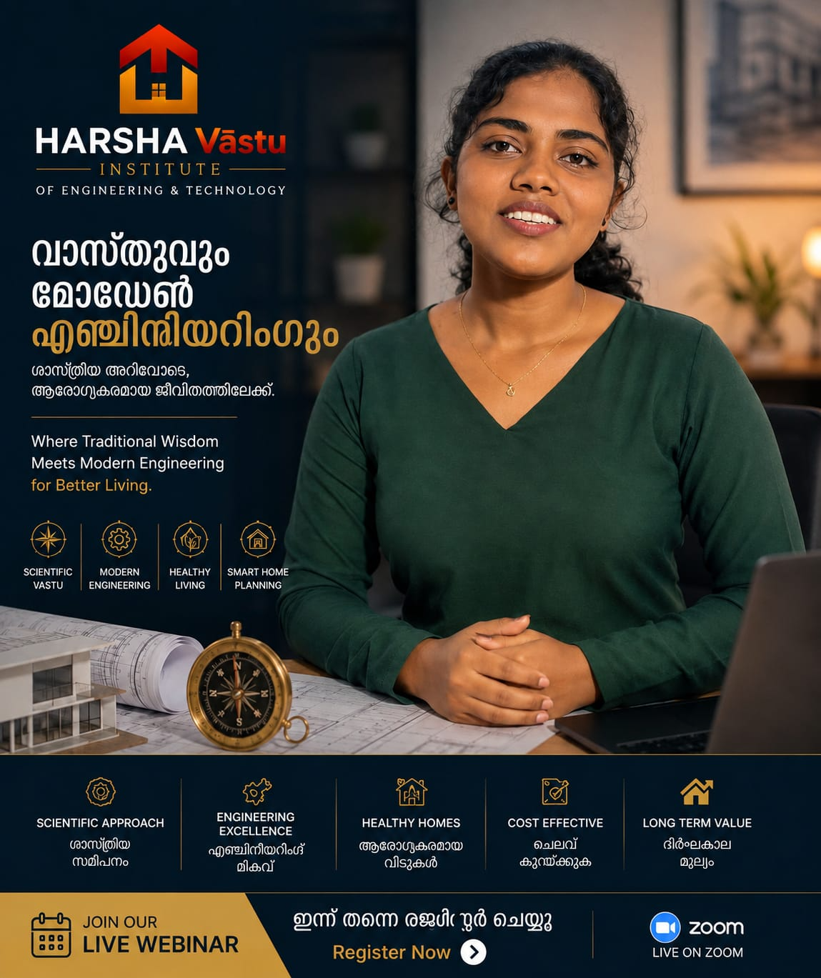 Harsha Vastu Institute webinar poster — scientific Vastu, modern engineering, healthy living